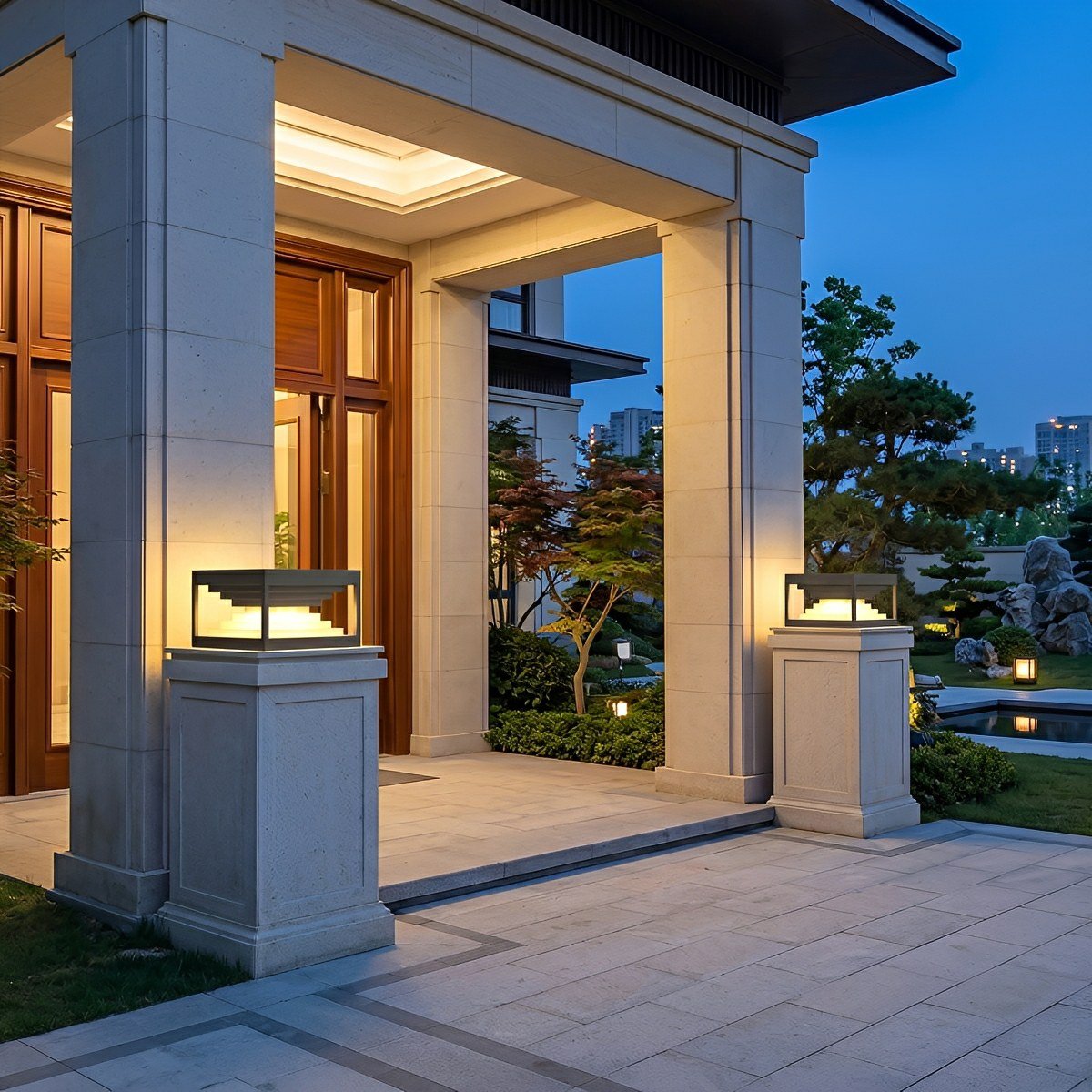 Square Modern Stepped Geometry Outdoor Post Lights - Glimvale