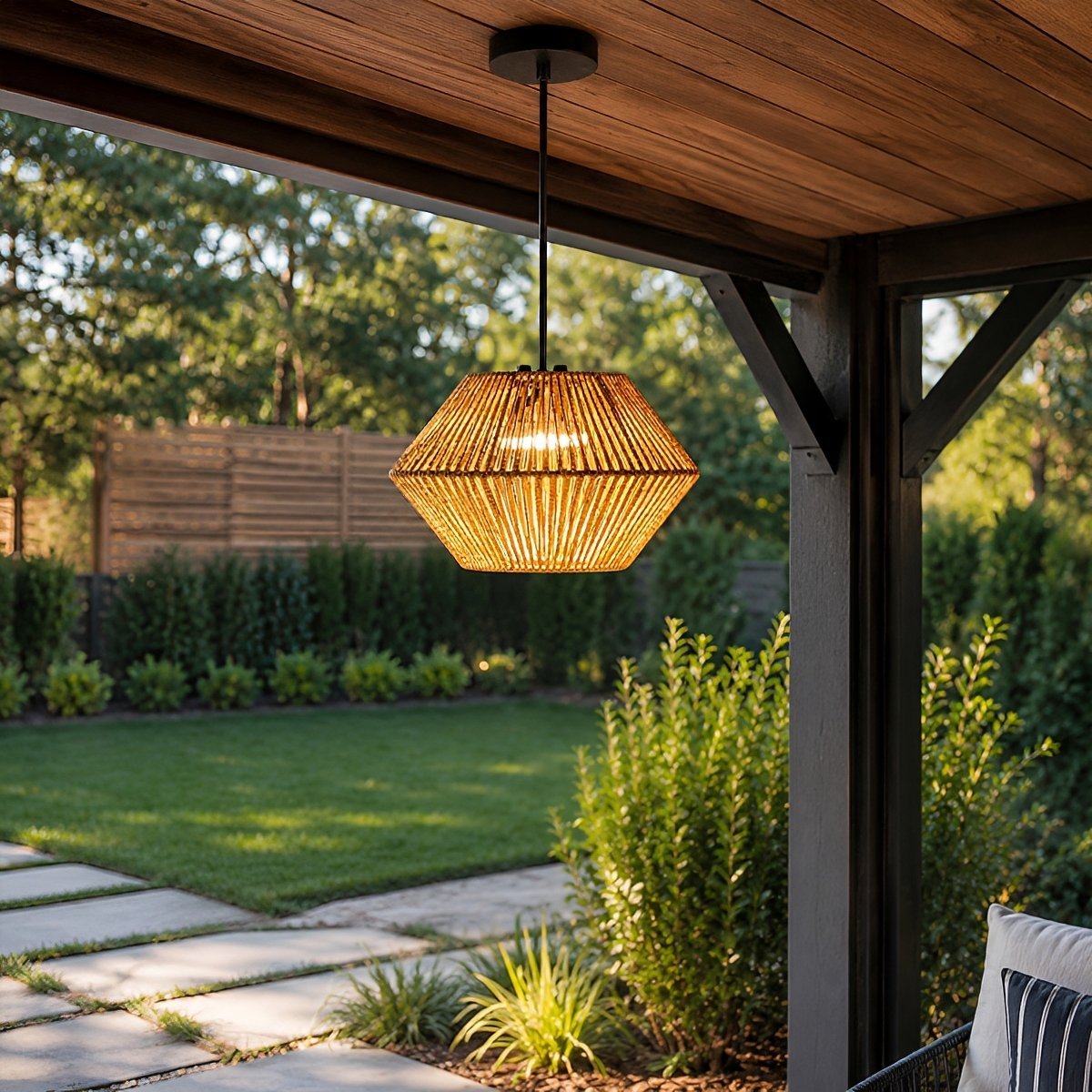Waterproof Coastal Geometric Rattan LED Outdoor Pendant Light - Glimvale