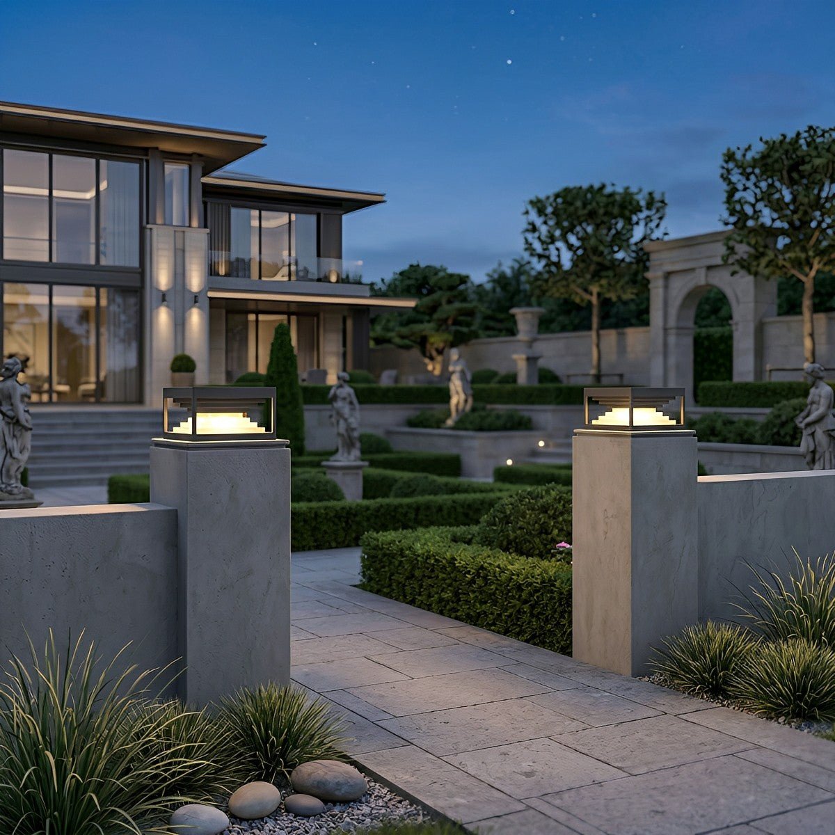 Square Modern Stepped Geometry Outdoor Post Lights - Glimvale